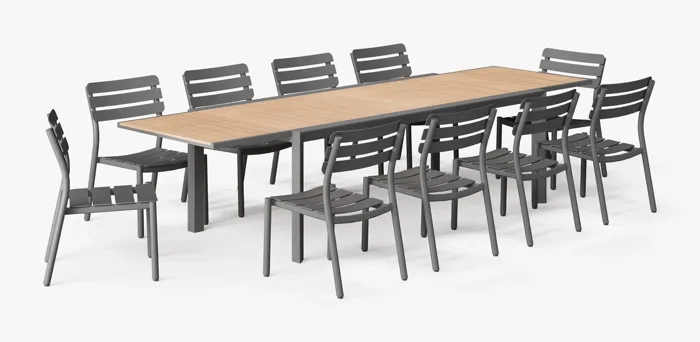 Teak and Aluminum Extendable Dining Table with 10 Armless 595 Chairs by Outer